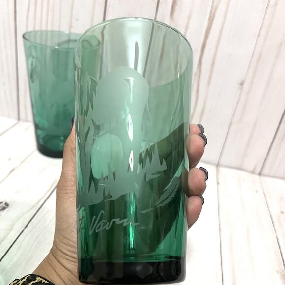 Robert Vavra Vintage Signed Frosted Etched Equestrian Green Glass Tumblers Set 5 - Picture 4 of 12